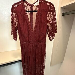 Socialite Red Flutter Sleeve Gown with Plunge Neckline